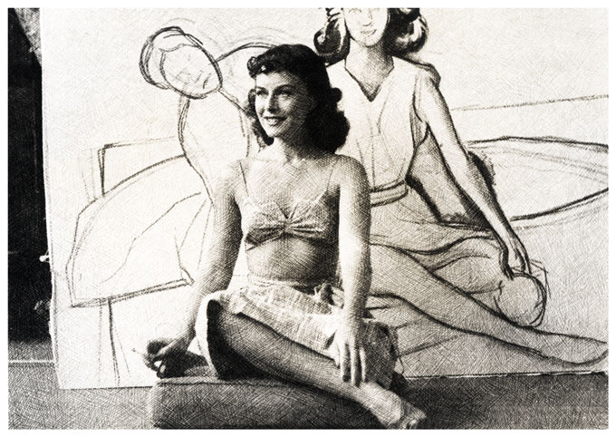 (image for) Oddly Etched Photo of Claudette Colbert and Drawing - Click Image to Close